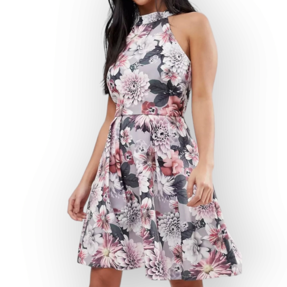 NWOT Asos Paper Dolls gray purple floral fit & flare racer back dress Womens 12 - Picture 4 of 9